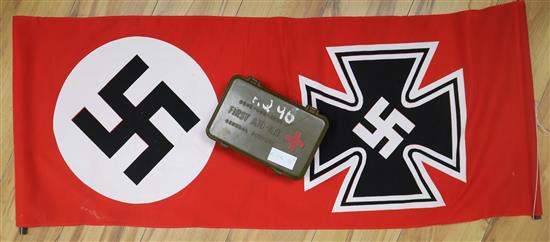 A US Army Medical Corps box with contents, Vietnam period and a reproduction German banner